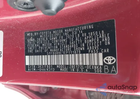 2014 Toyota Corolla Le из США, поврежденный, VIN 5YFBURHE1EP111879